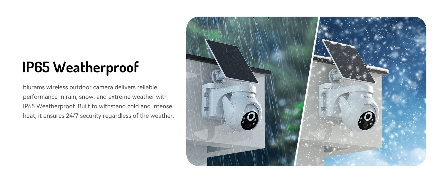 Text reads 'IP65 Weatherproof'. Series of images showing outdoor security cameras in various weather conditions including rain and snow.