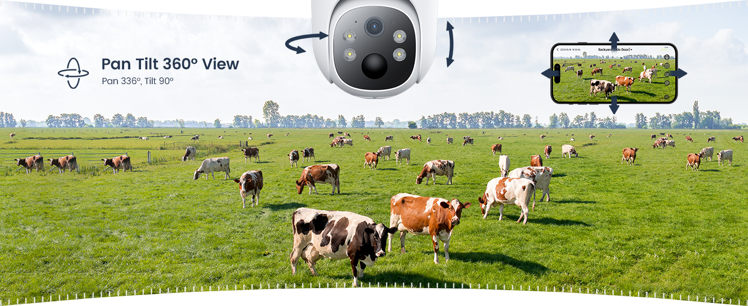 Aerial surveillance setup showing camera view interface and device overlooking green pasture with grazing dairy cows.