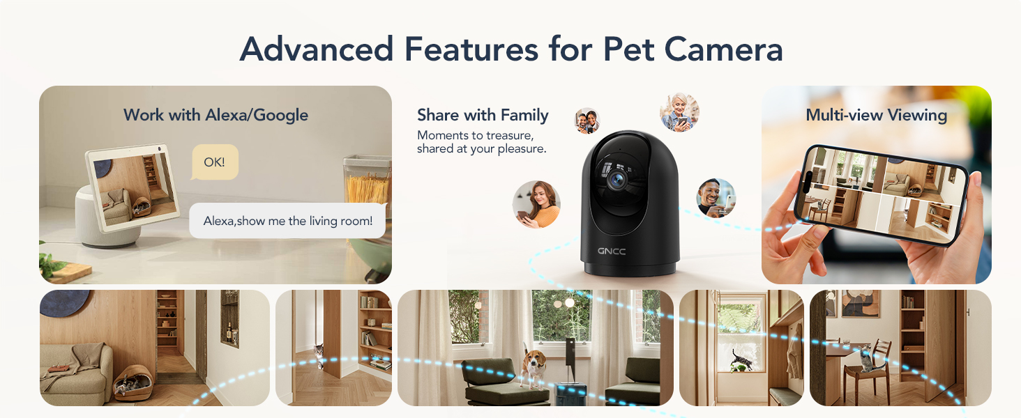 a screenshot of a living room with a smart pet camera.