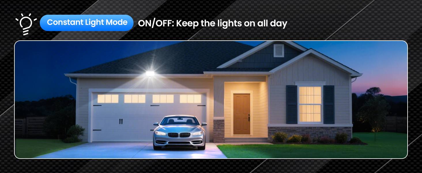 Text reads: 'Constant Light Mode', 'ON/OFF, keep the lights on all day'. Exterior house lighting demonstration showing automated porch light system at dusk.