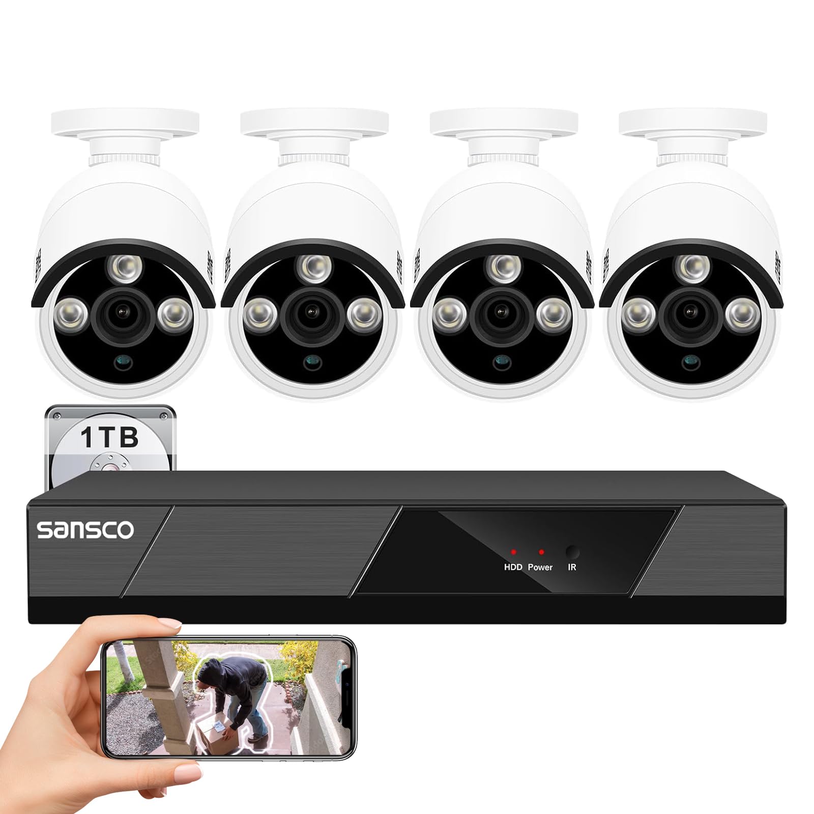 SANSCO PoE CCTV Security Camera System with 1TB Hard Drive Audio Recording