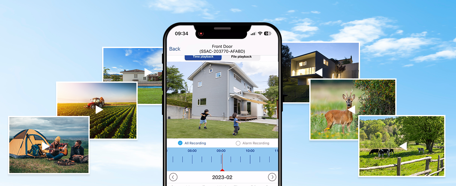 Smartphone displaying real estate app interface, surrounded by various property and landscape images. Showcases digital platform for browsing homes and properties.