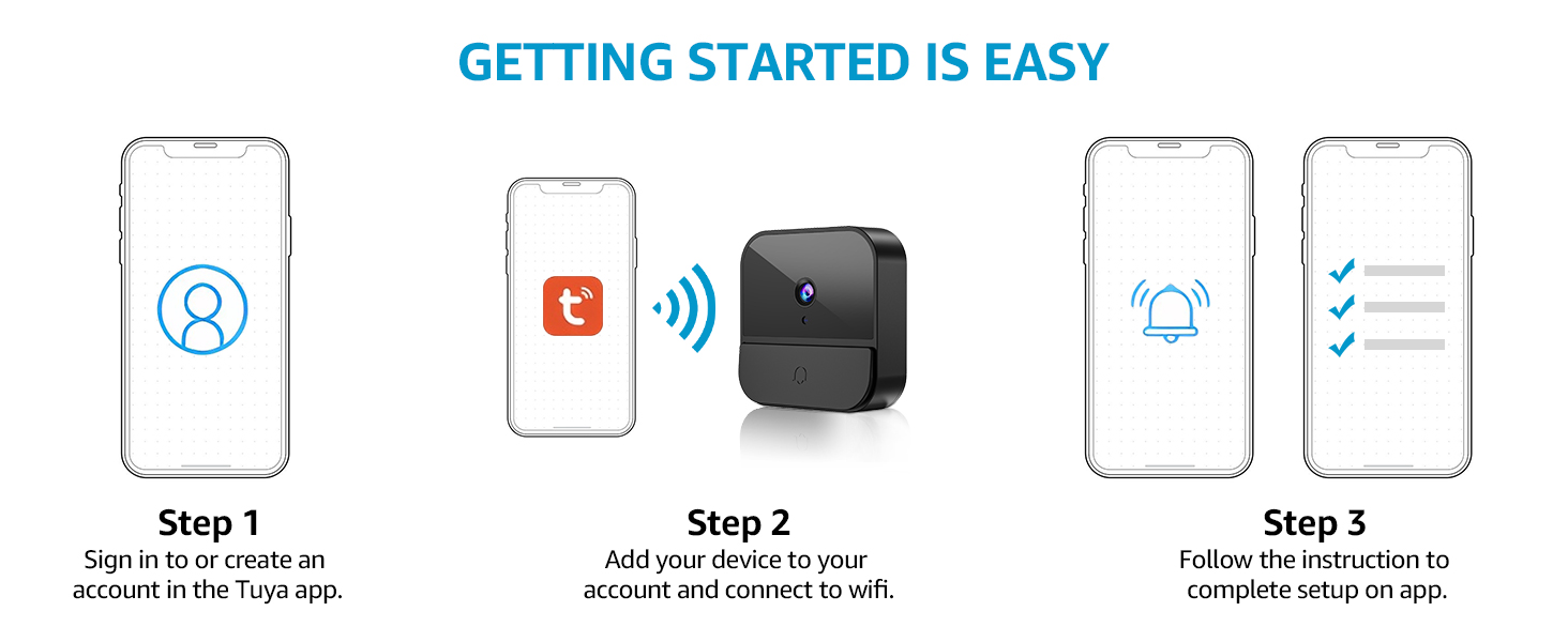 A small black square device plugged into a wall outlet. Blue musical notes indicate it produces sound. Text reads 'With a Chime'.