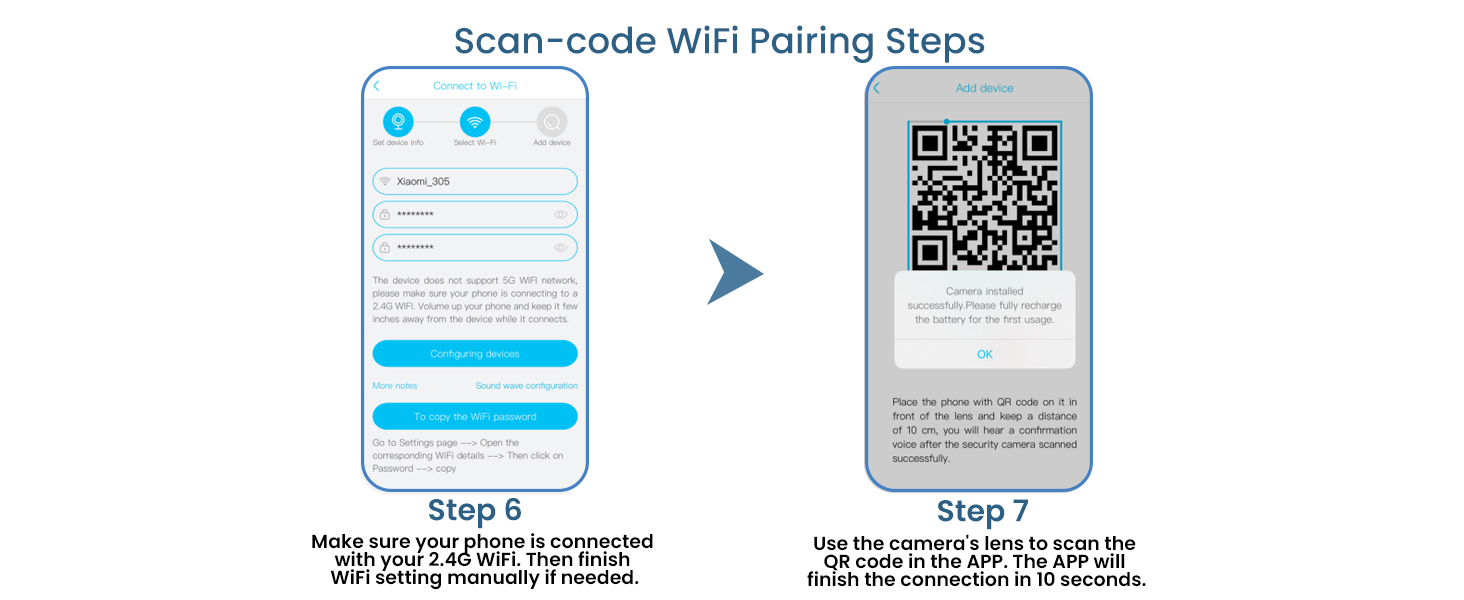 WiFi pairing instructions showing two steps: a mobile interface screen and corresponding QR code for device setup.