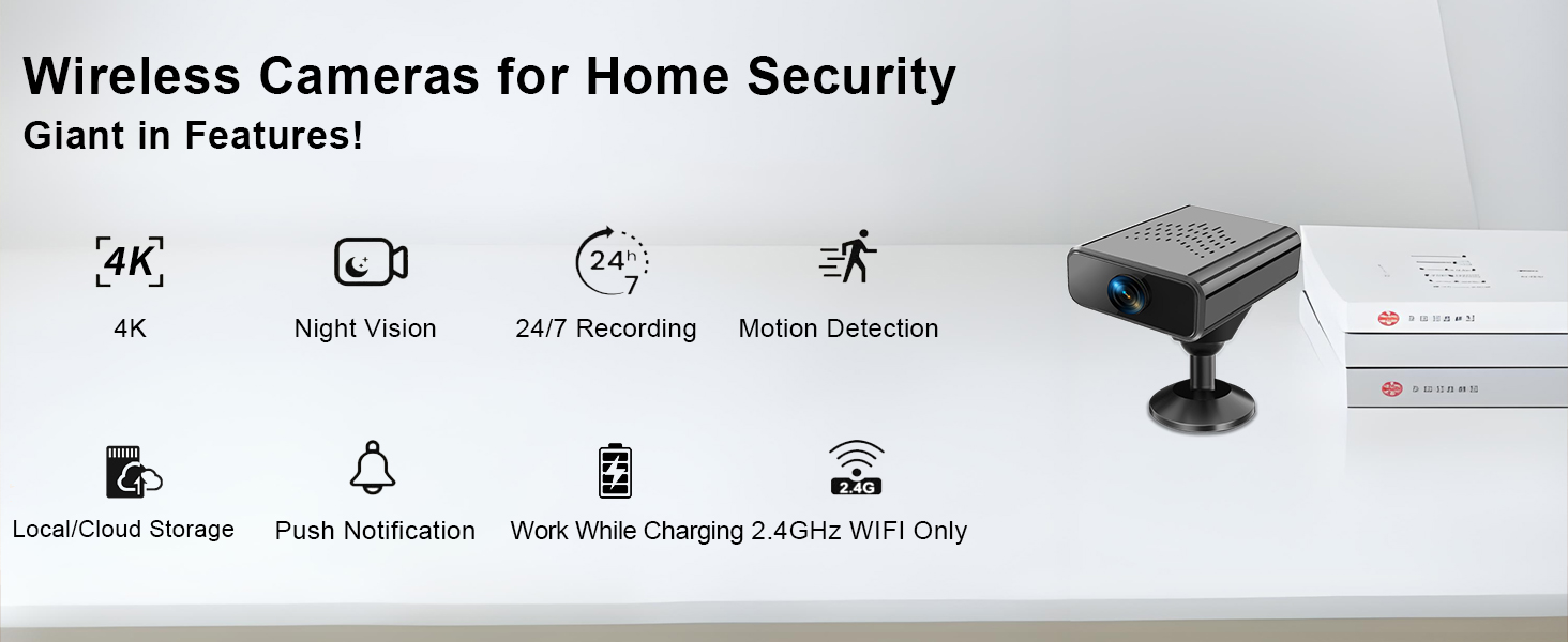 Text reads 'Wireless Cameras for Home Security' and 'Giant in Features!'. Product showcase with multiple icons indicating various security features.