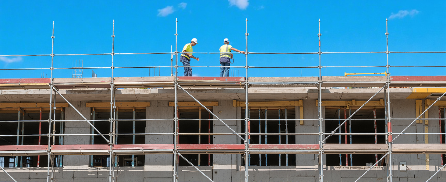 Construction workers on rooftop of building, installing or maintaining roofing materials. Multiple workers visible along the length of commercial building roof.