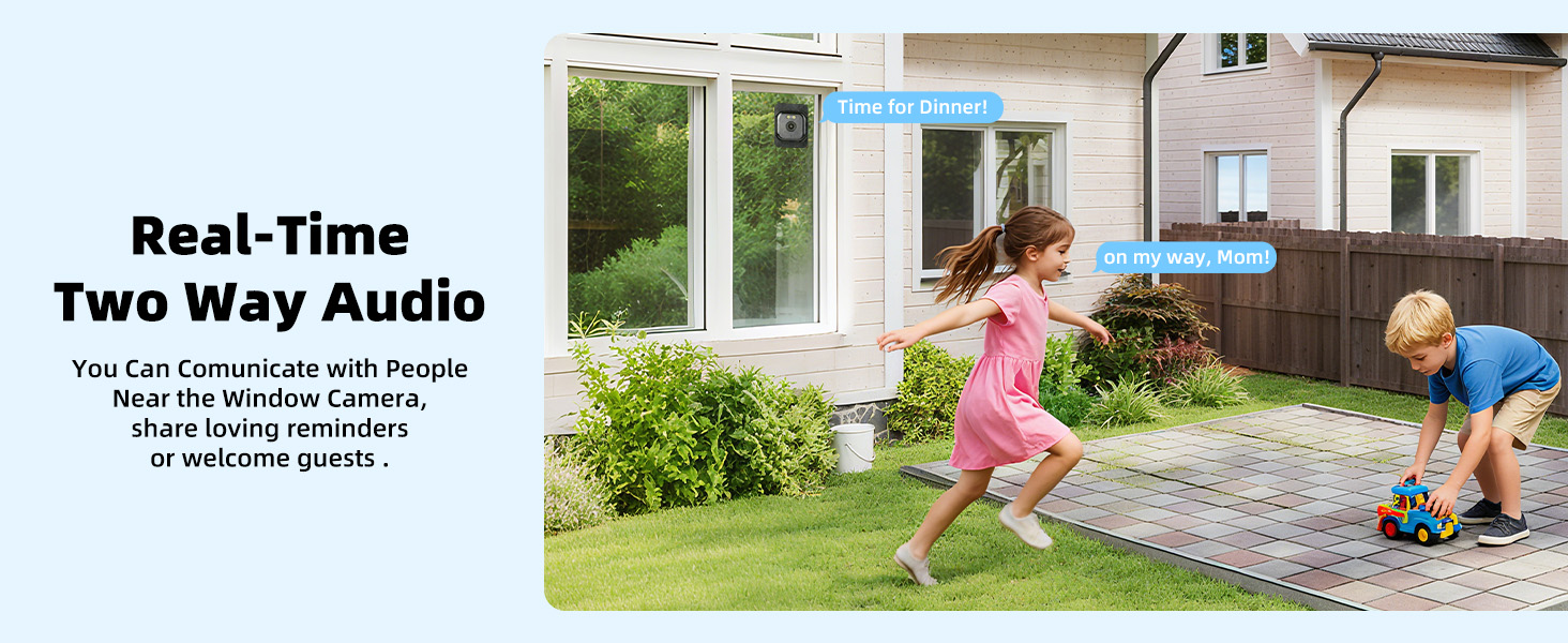 Text reads 'Real-Time Two Way Audio'. Split image showing outdoor security camera view and mobile device interface demonstrating two-way communication feature.