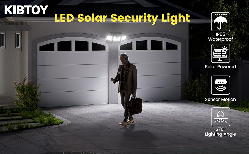 LED solar security light illuminating a driveway with white garage doors. Features include waterproof design, solar power, and motion sensing capabilities.