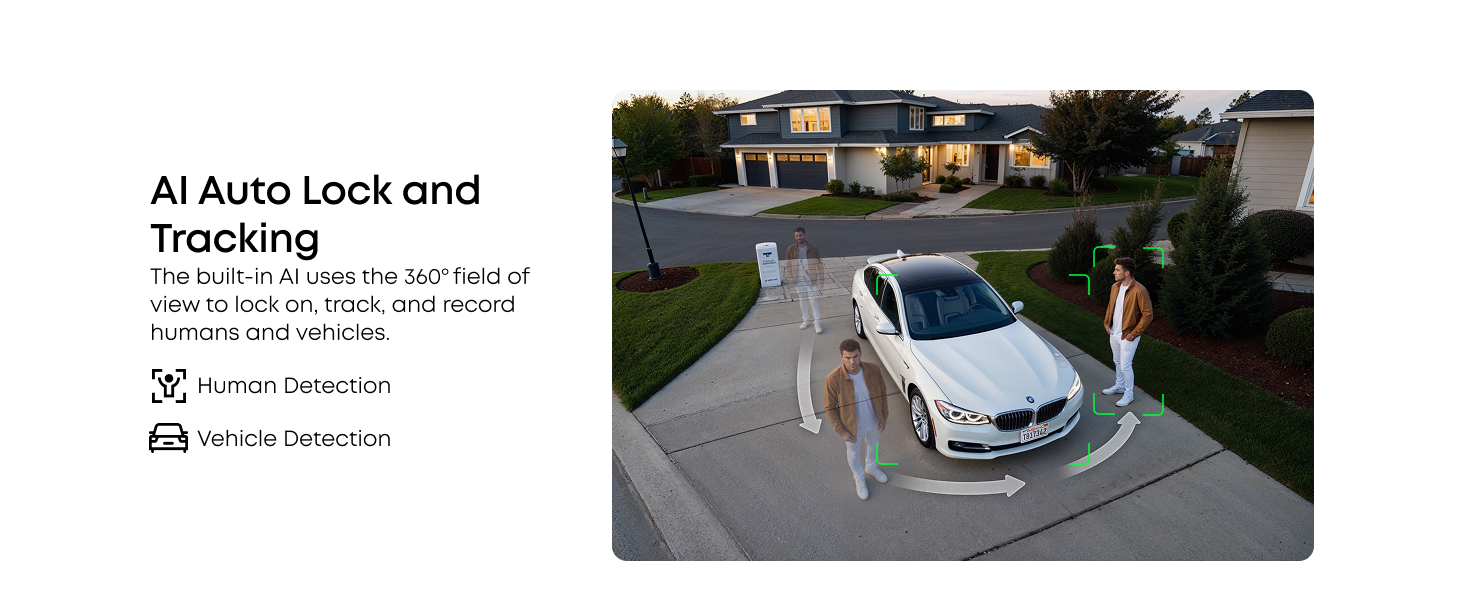 Text reads 'AI Auto Lock and Tracking'. Security camera view showing driveway at dusk with parked white vehicle. AI tracking visualization shown around moving elements.