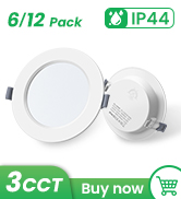 IP44-rated circular lighting fixtures in a 6/12 pack with mounting accessories and green installation indicators.
