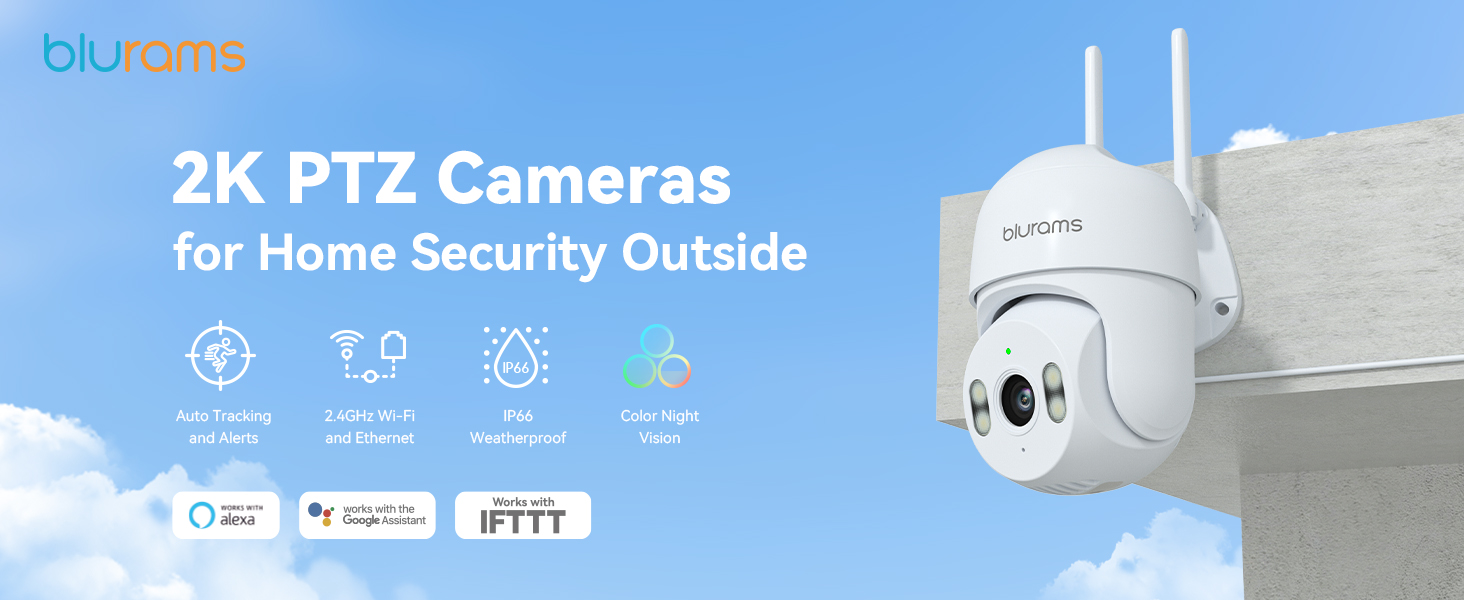 White outdoor security camera with dual antennas. Text indicates '2K PTZ Cameras for Home Security Outside' with icons for various smart features.
