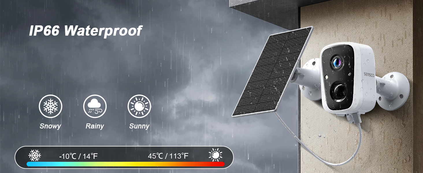 ip66 waterproof weatherproof sansco camera solar security camera wireless outdoor snowy rainy sunny