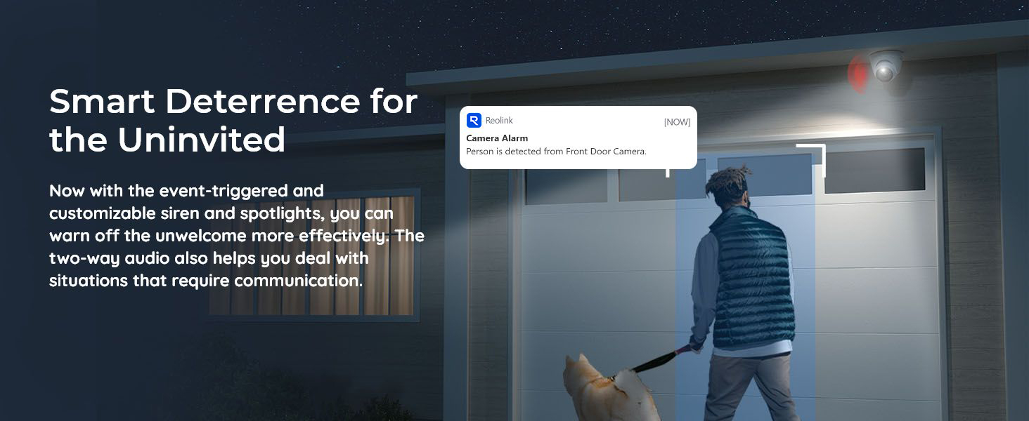 Text reads 'Smart Deterrence for the Uninvited'. Security camera promotional images showing night vision capability and motion detection features.