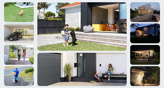a family playing outside in a modern house