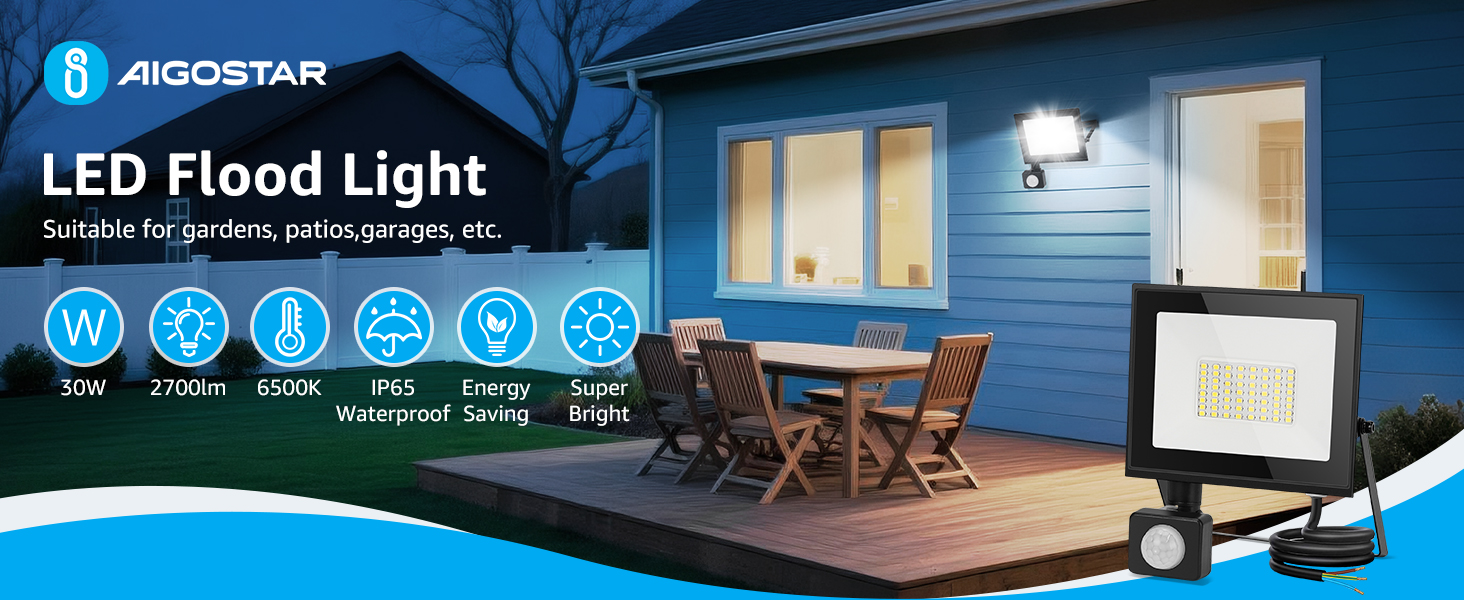 Text reads 'LED Flood Light' and 'AIGOSTAR'. Product images showing outdoor LED floodlight fixtures illuminating outdoor patio spaces.