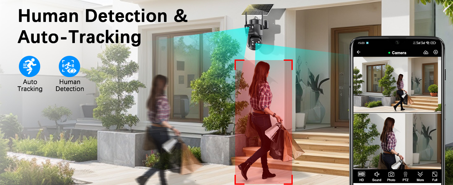 Text reads 'Human Detection' 'Auto-Tracking'. Technical interface showing security camera views with motion tracking indicators and detection frames.