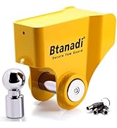 Text reads 'Blanadi Secure Tow Guard'. Multiple views of a yellow metal tow hitch lock device with chrome components and key mechanism.