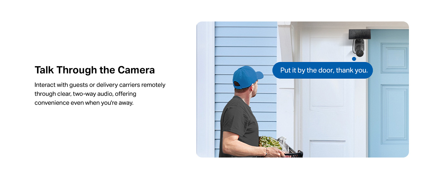 Text reads 'Talk Through the Camera'. Delivery interface demonstration showing person at door with speech bubble overlay.
