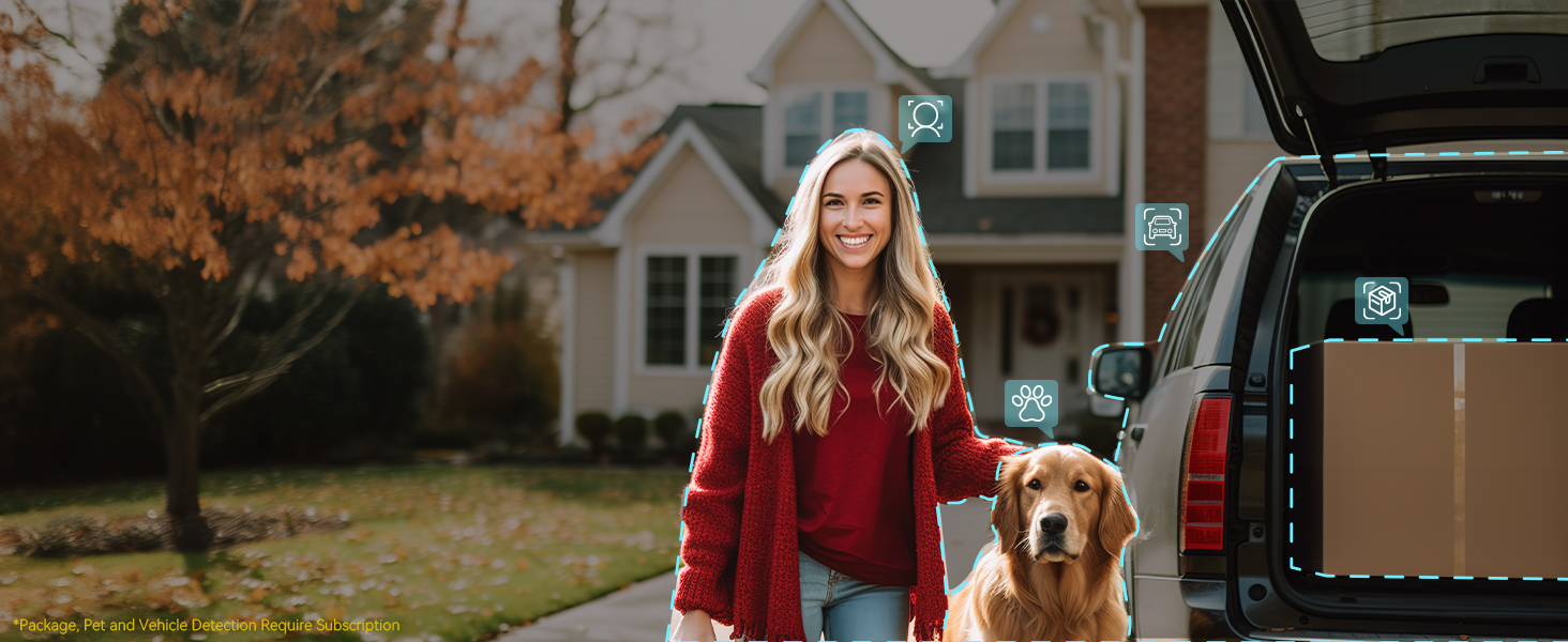 Person standing next to an SUV with open trunk filled with boxes. Autumn scene with house in background.