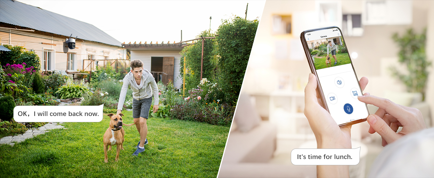 Split image: Left shows a person playing with a dog in a garden. Right displays a hand holding a smartphone with an app interface visible.