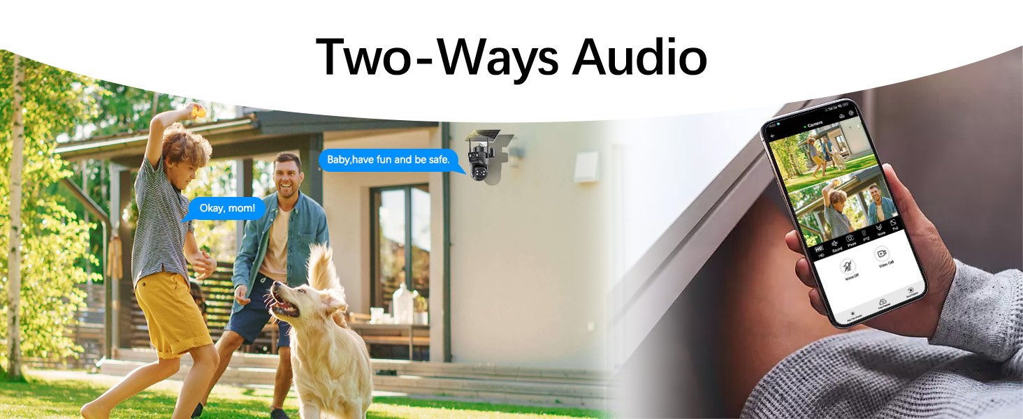 Text reads 'Two-Ways Audio'. Sequence showing mobile device interaction and communication features in outdoor and indoor settings.