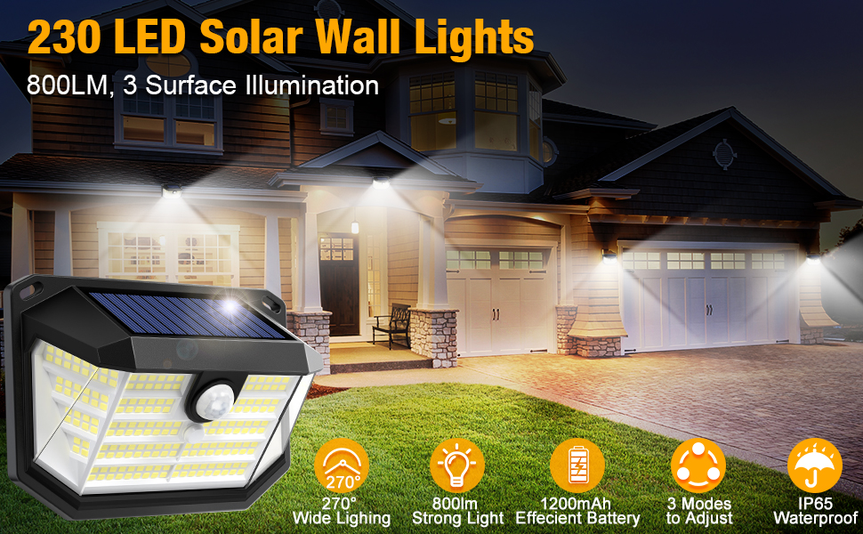 230 LED solar wall light with 800LM output and 3 surface illumination. Features include wide lighting, motion sensor, and waterproof design.