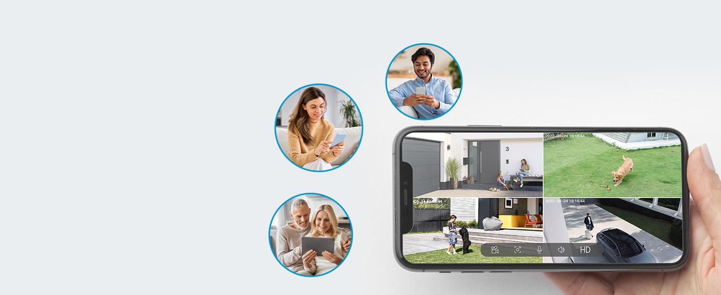 a family using a smartphone with a video camera in the background