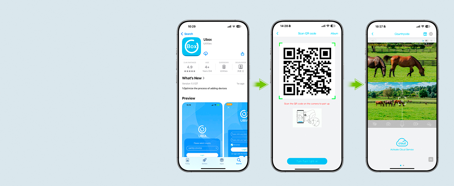 Three smartphone interface mockups showing app screens: a blue interface with metrics, a QR code screen, and an outdoor nature scene.