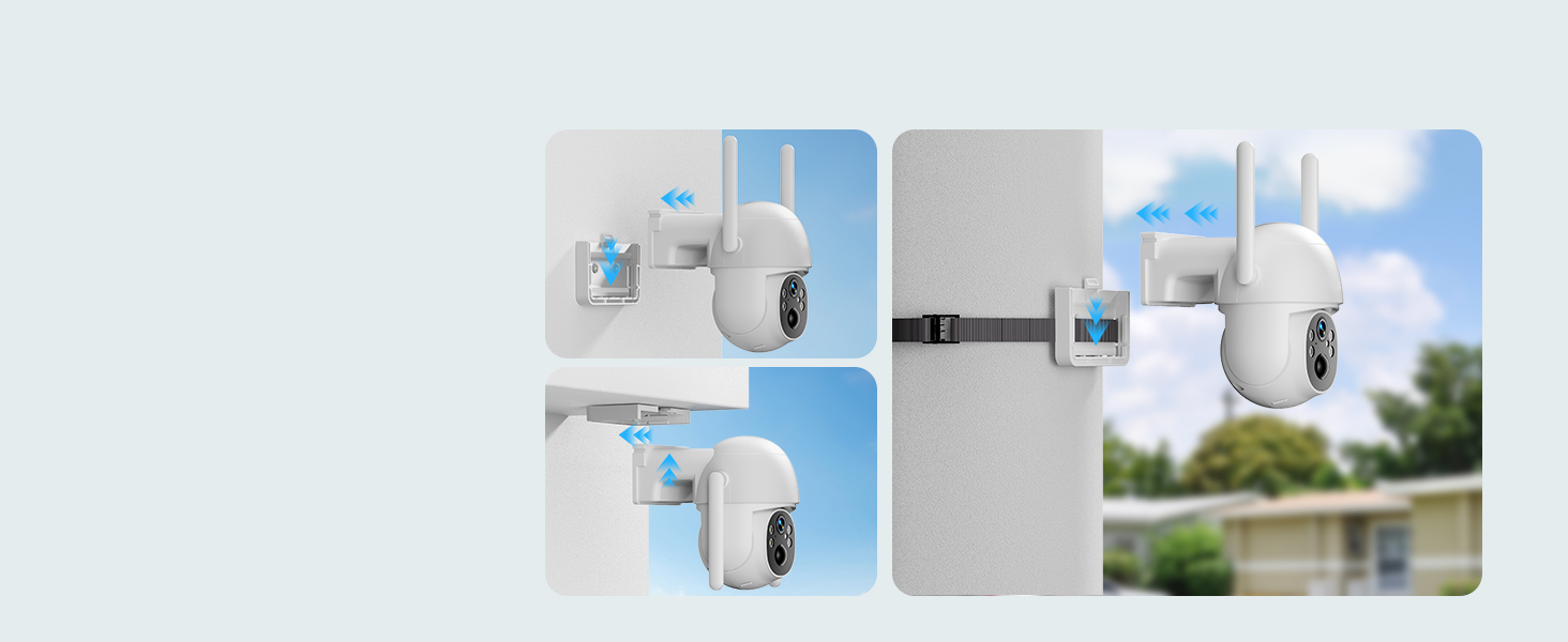 Puzzle pieces forming a split image of a security camera installation against blue sky and white wall backgrounds.