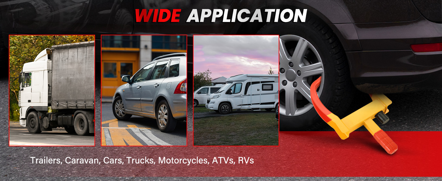 Wheel lock device for various vehicles. Yellow and red T-shaped tool shown with images of truck, car, and RV. Text indicates use for trailers, caravans, cars, trucks, motorcycles, ATVs, and RVs.