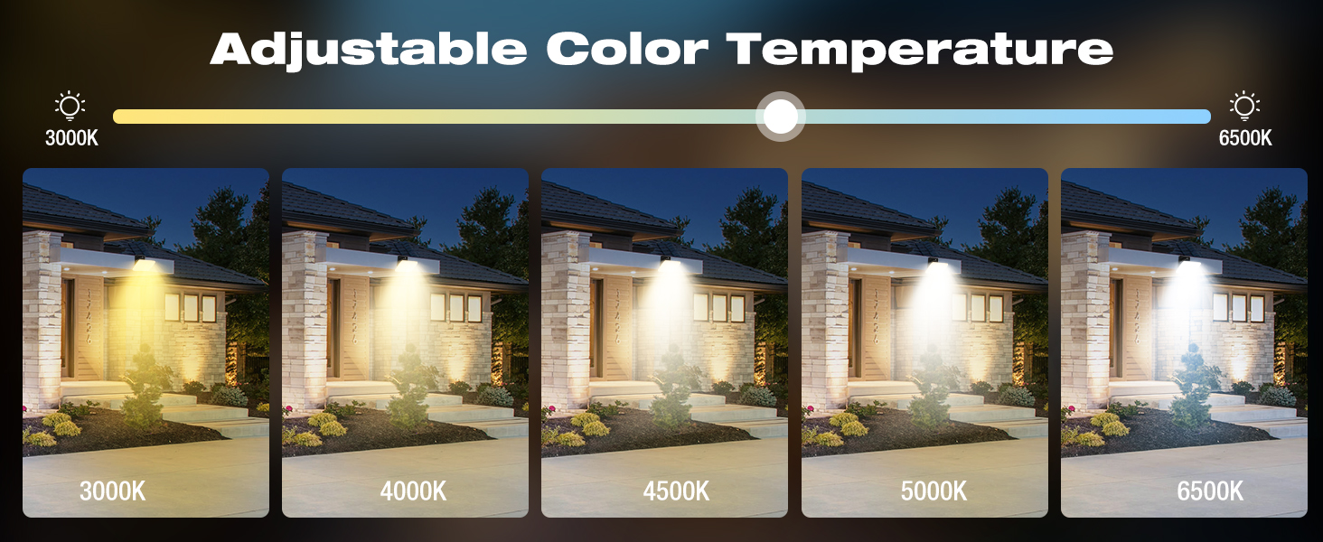 Text reads 'Adjustable Color Temperature'. Five sequential images showing outdoor house lighting at different color temperatures, from warm to cool white illumination.