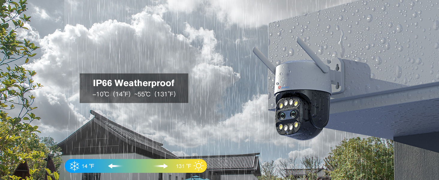 Outdoor security camera mounted on wall, featuring IP66 weatherproof rating and multiple LED lights. Shown in rainy conditions.