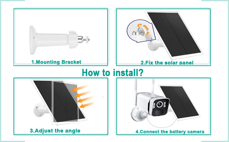 Outdoor security camera with solar panel. White camera body, dual antennas. Graphics show 360° and 90° rotation capabilities.