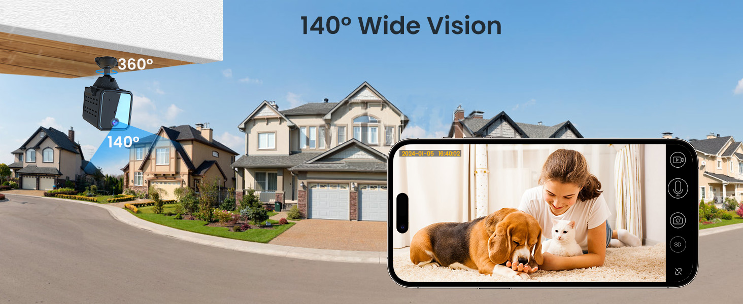 Smartphone displaying a wide-angle view of a suburban street with houses. Text '140° Wide Vision' overlaid on the image.