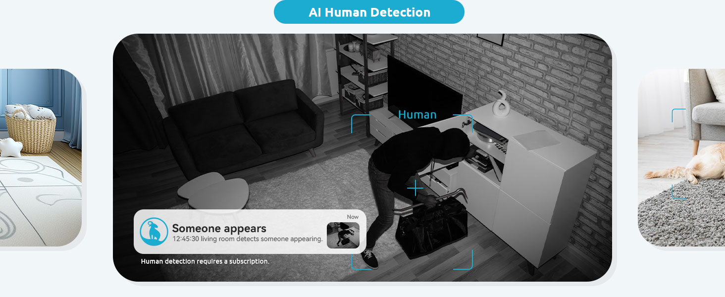 Grayscale security camera footage showing a person interacting with a drawer or cabinet in a home setting.