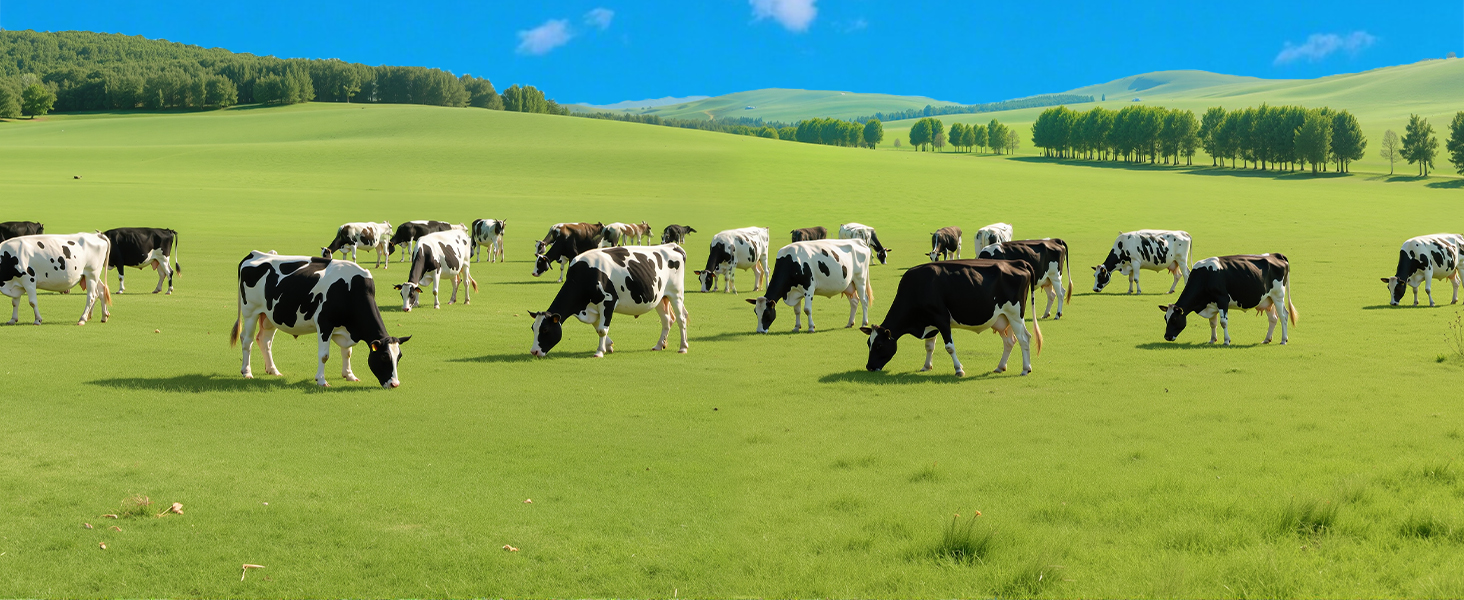 Panoramic landscape views of green pastures with grazing dairy cows scattered across rolling hills under blue sky.