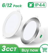 Product icon set for IP44-rated recessed lighting fixtures. Shows 6 different styles in a 12-pack, with 3CCT color temperature options.