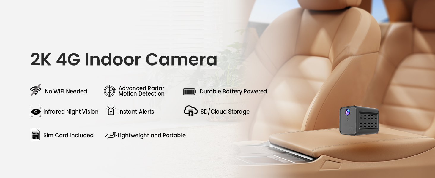 Small cube-shaped indoor camera with 2K 4G capabilities. Features include no WiFi needed, infrared night vision, and 60-day cloud storage. Shown on a car seat.