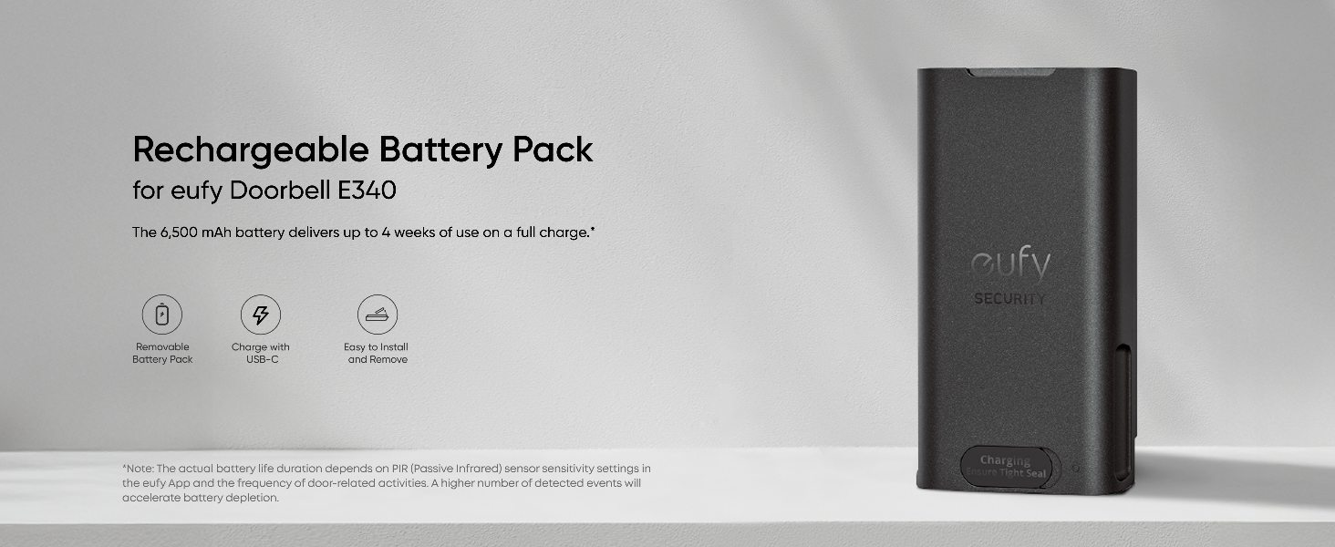 Black rectangular rechargeable battery pack device shown from multiple angles against white background, with technical specifications and features displayed.