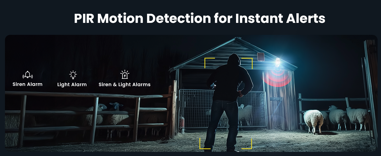 Text reads 'PIR Motion Detection for Instant Alerts'. Night vision security camera footage showing detection of movement in outdoor setting.