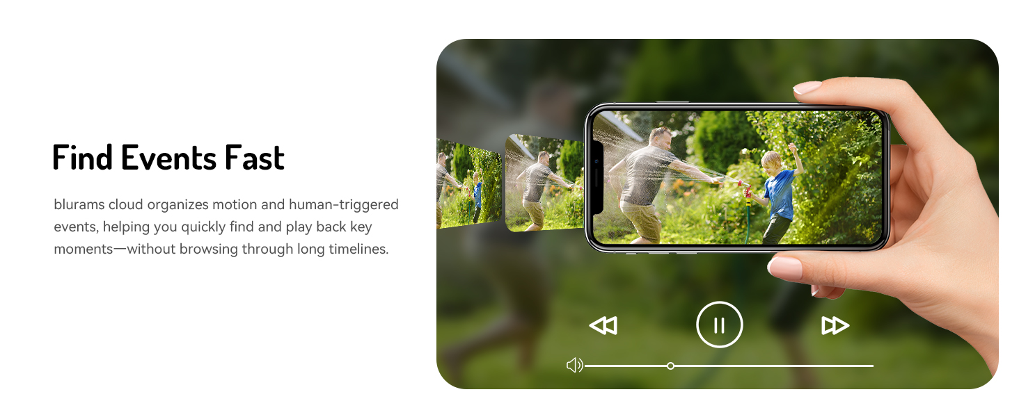 Text reads: 'Find Events Fast'. Mobile app interface showing playback controls and timeline for video content with outdoor scene visible.
