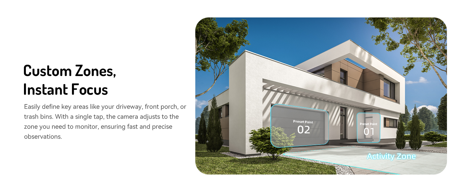 Text reads: 'Custom Zones, Instant Focus'. Modern white architectural home with pool shown in 3D rendering, featuring contemporary design elements.
