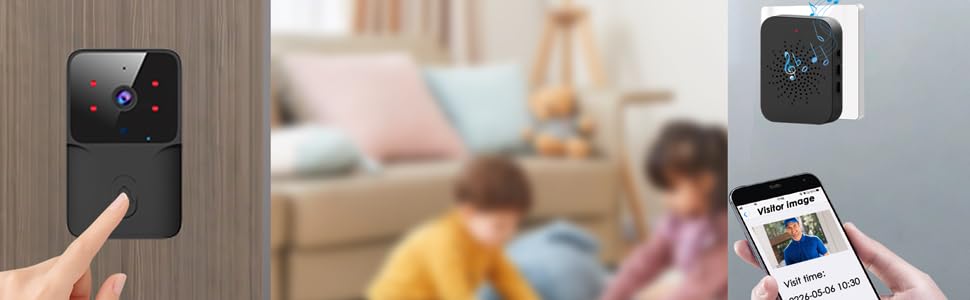 Text reads 'WIRELESS VIDEO DOORBELL WITH CAMERA' and 'the cloud for viewing at any time'. Product demonstration showing doorbell camera usage on smartphone.