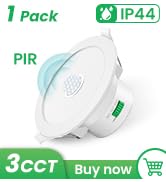 White circular LED light fixtures. Product details show 6/12 pack, IP65 rating, and 3CCT (color temperature options). 'Buy now' button visible.