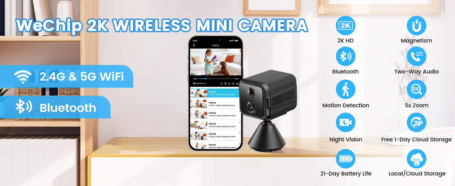 Text reads '2K HD 2K WIRELESS MINI CAMERA' with feature icons showing WiFi, Bluetooth and other connectivity options. Product interface diagram with blue accent colors.