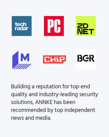 Logos of tech publications: TechRadar, PC, ZDNet, M, CHIP, and BGR. Text below mentions ANNKE's reputation for quality and security, recommended by independent media.