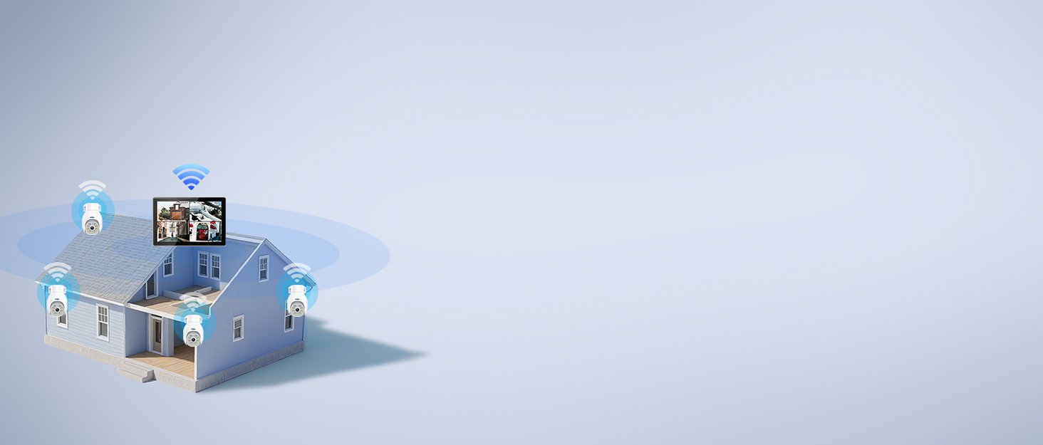 Isometric illustration showing a small house with floating cloud and device icons around it, representing smart home or IoT connectivity concept on light gray background.