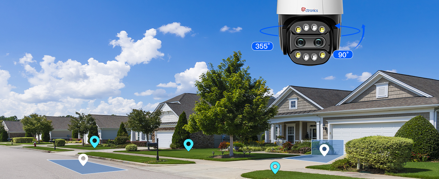 Residential security camera system interface showing suburban home view with blue sky, monitoring multiple areas with location markers.