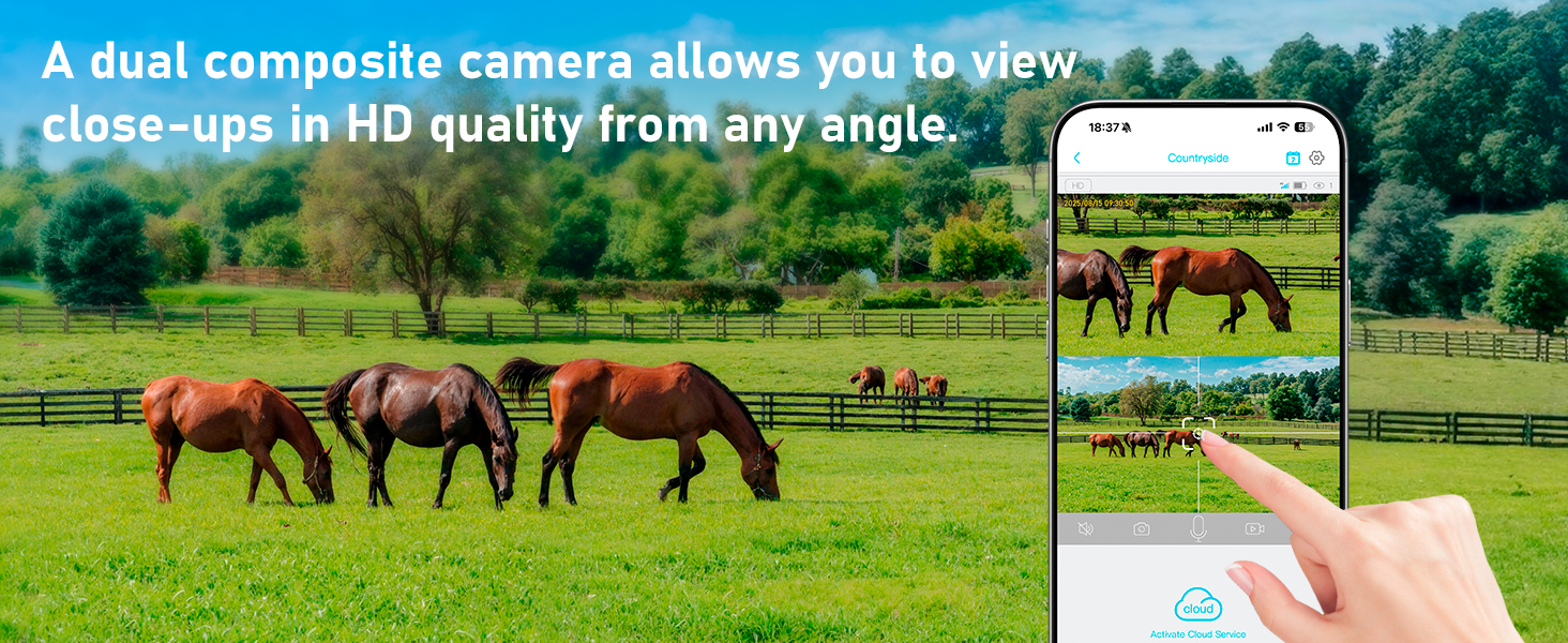Text reads: 'A dual composite camera allows you to get a close-up in HD quality from any angle.' Shows horses grazing in field with smartphone camera interface overlay.