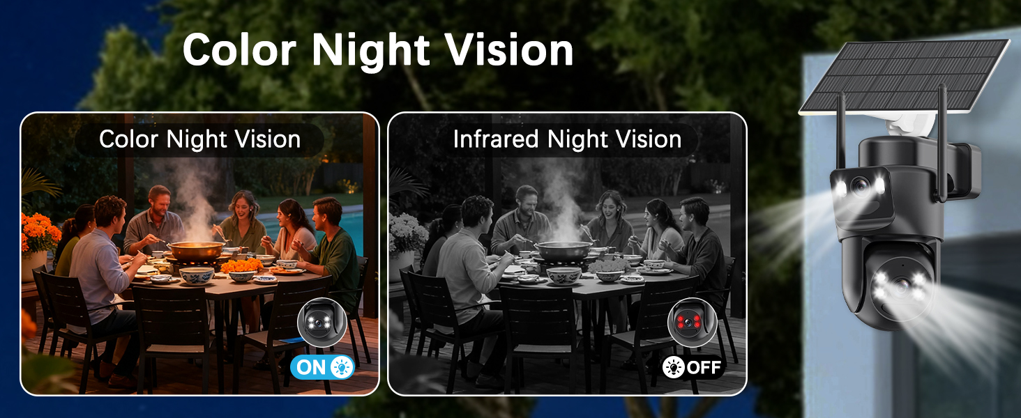 Text reads 'Color Night Vision' over a series of comparison images showing nighttime visibility capabilities, with navigation arrows on either side.